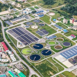 Aerial image of a water treatment plant.